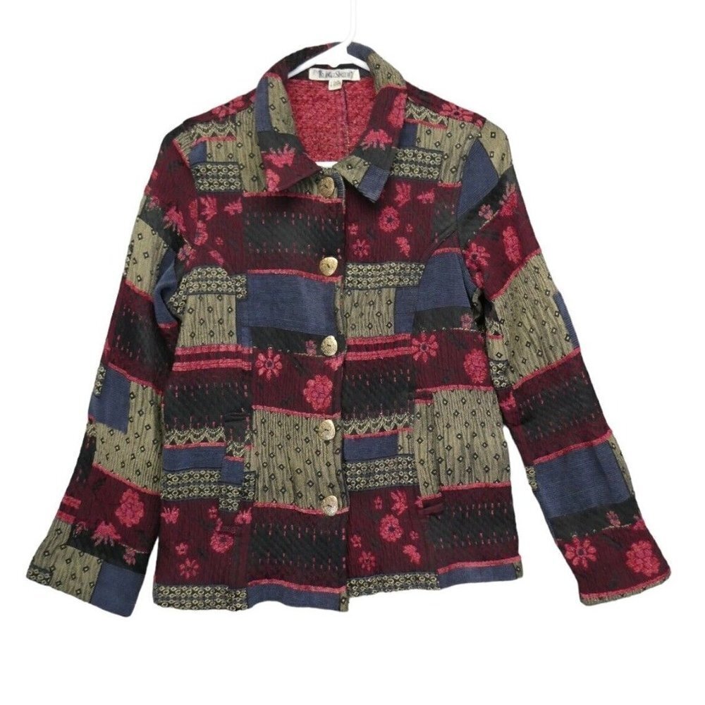 TravelSmith Patchwork Textured Jacket Button Front Cotton Women's Large Petite‎